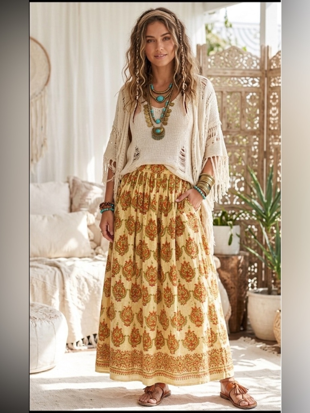 BOHO Maxi Paisley Print Skirt in Hand Woven Cotton, drawstring Waist Size Small
